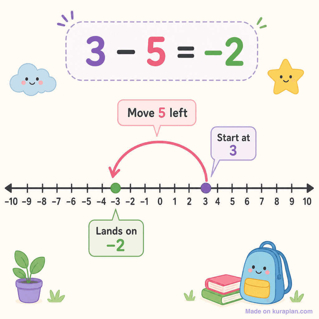 Negative number line jump 3 − 5 = −2
