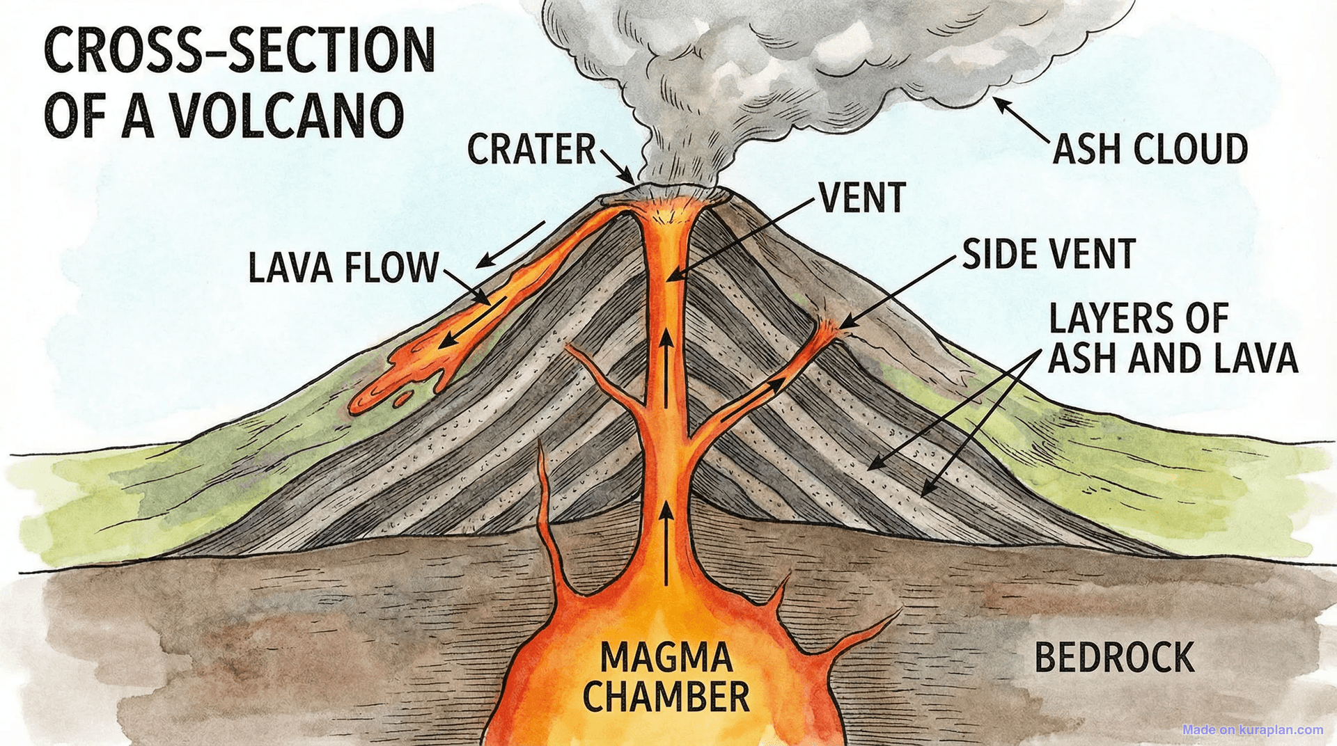 Volcano cross-section diagram for earth science education