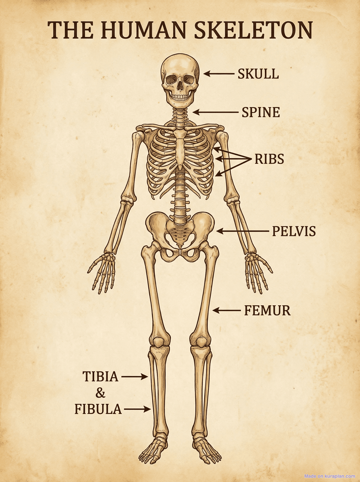 Human skeleton diagram for biology and health education