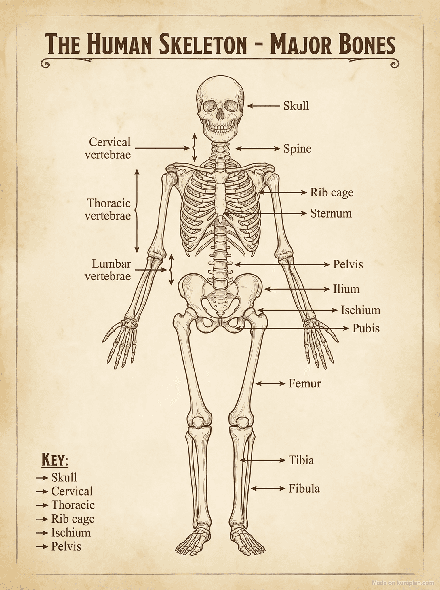 Human skeleton diagram for biology and health education