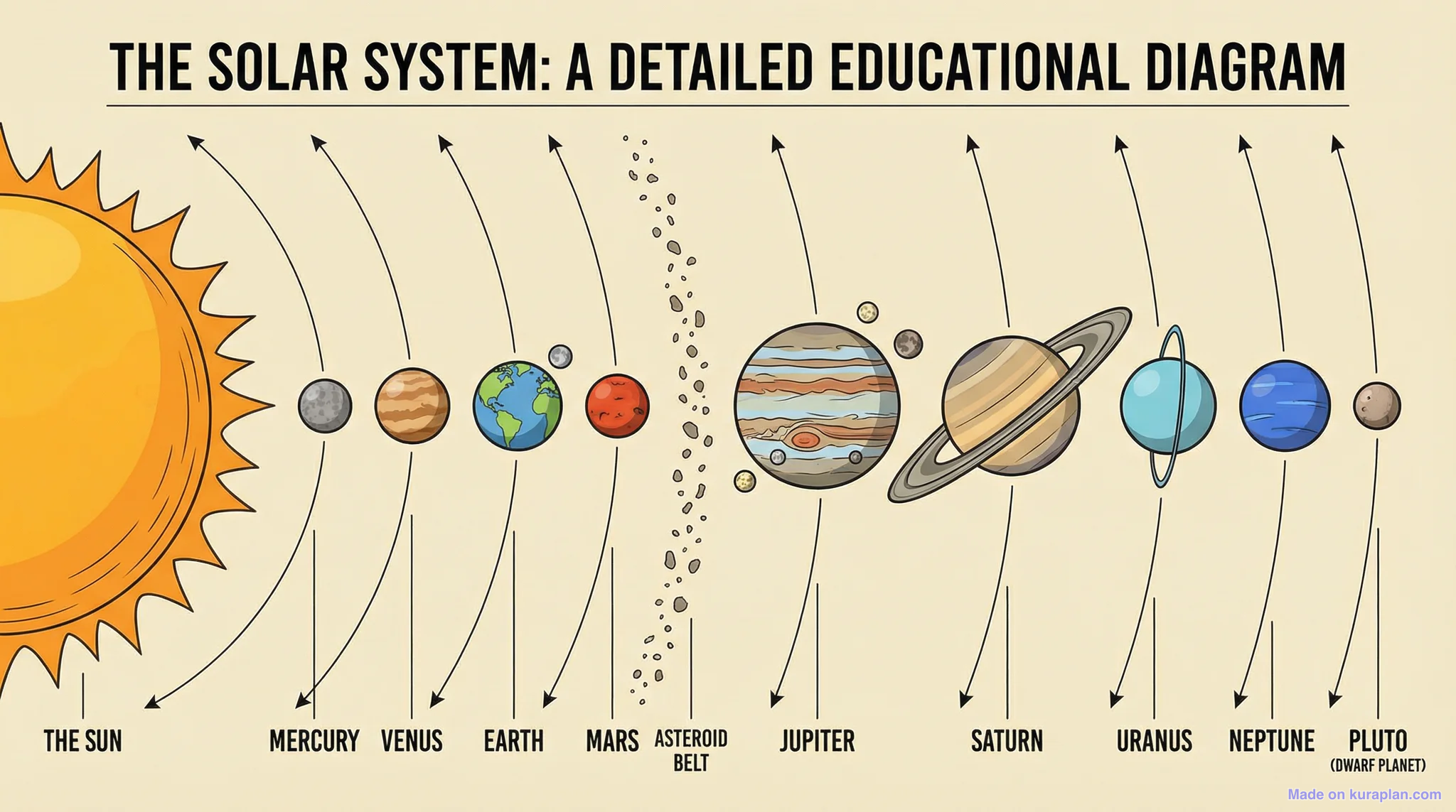Solar system diagram showing all planets for astronomy education
