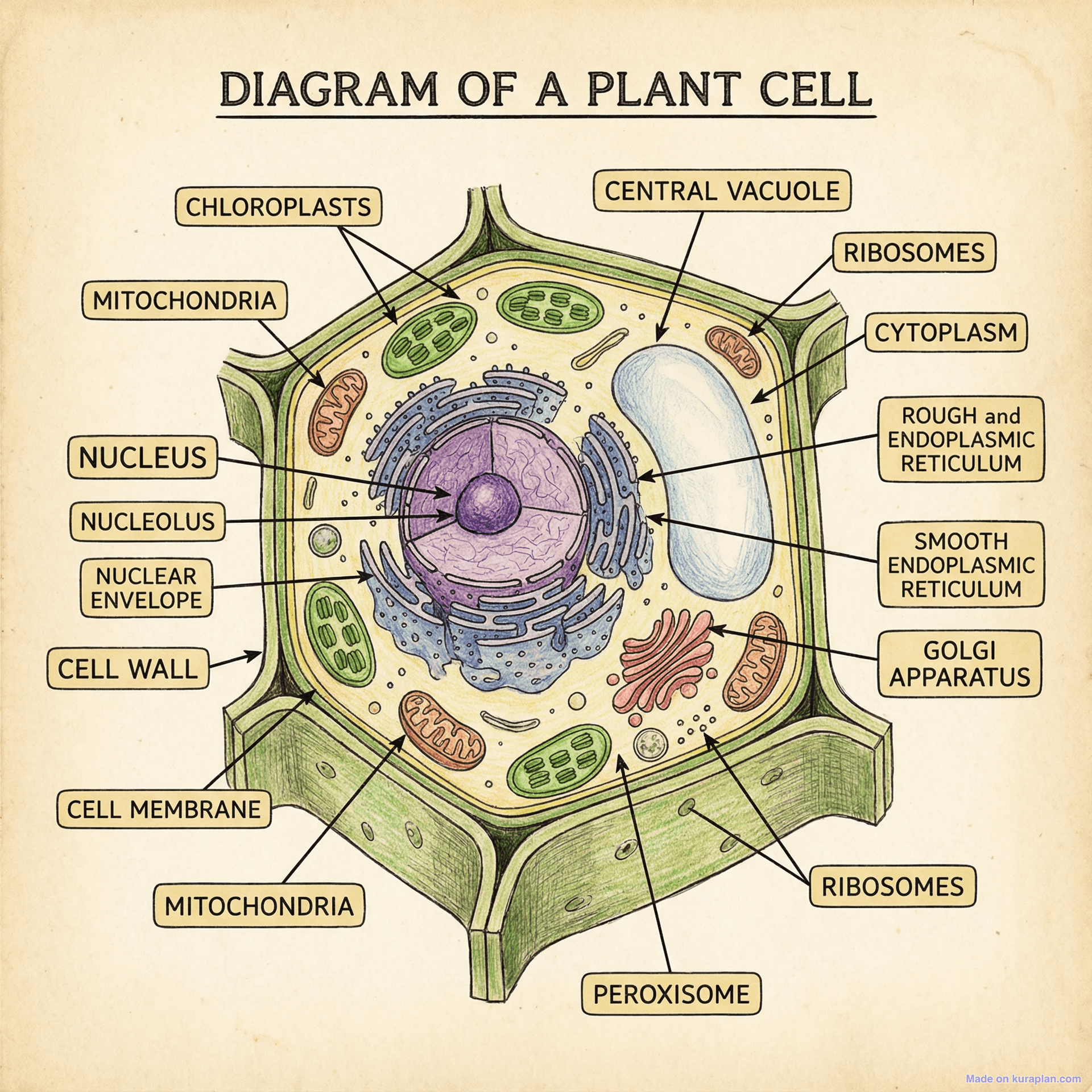 Labeled plant cell diagram showing the cell wall, cell membrane, nucleus, nucleolus, chloroplasts, central vacuole, mitochondria, ribosomes, endoplasmic reticulum and Golgi apparatus