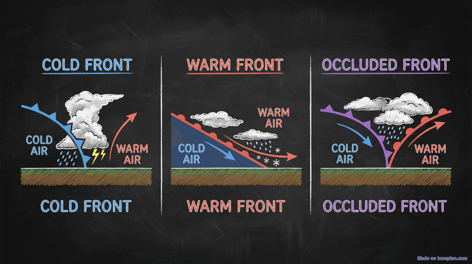 Weather fronts diagram for meteorology education