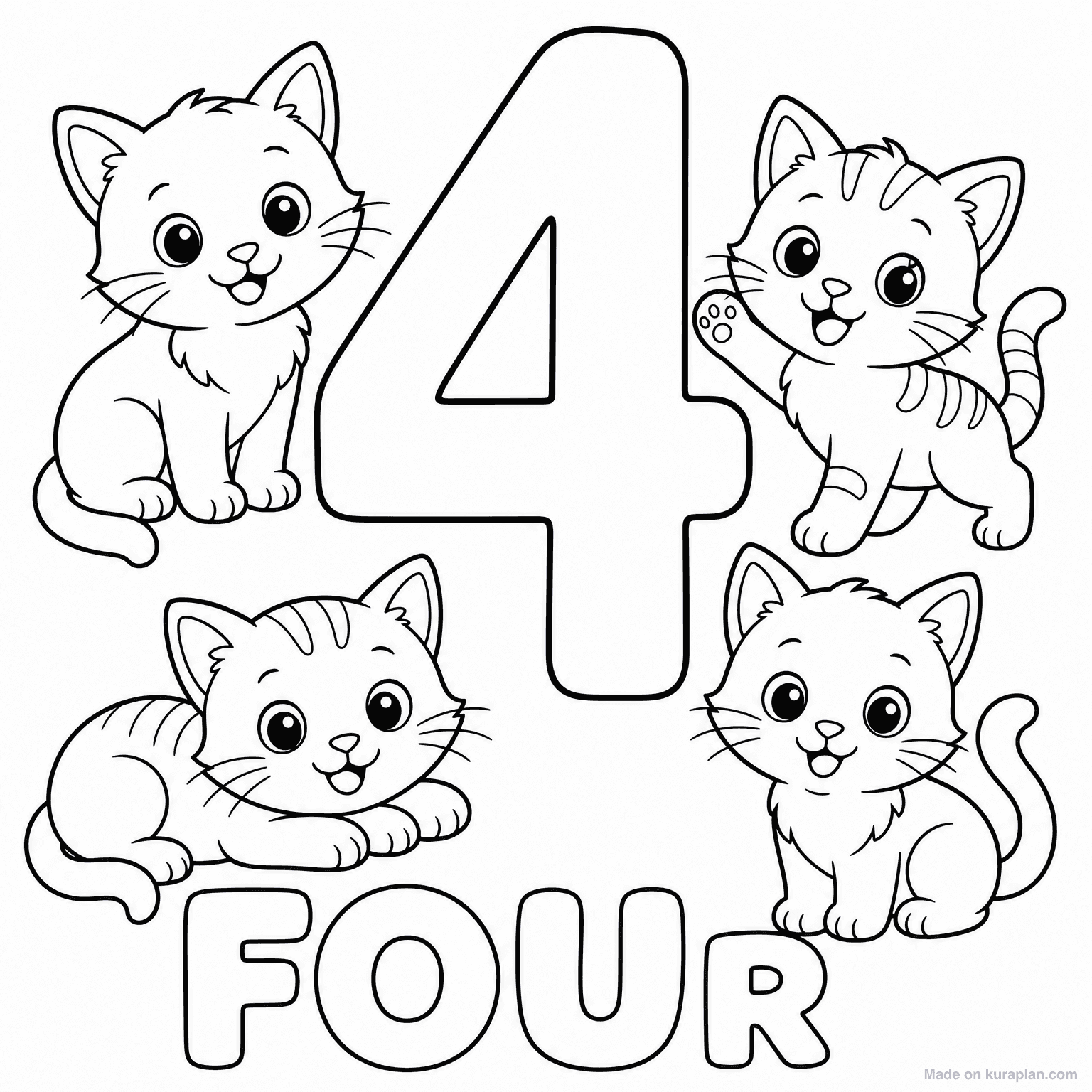 Number 4 - Four Cats — Coloring Page