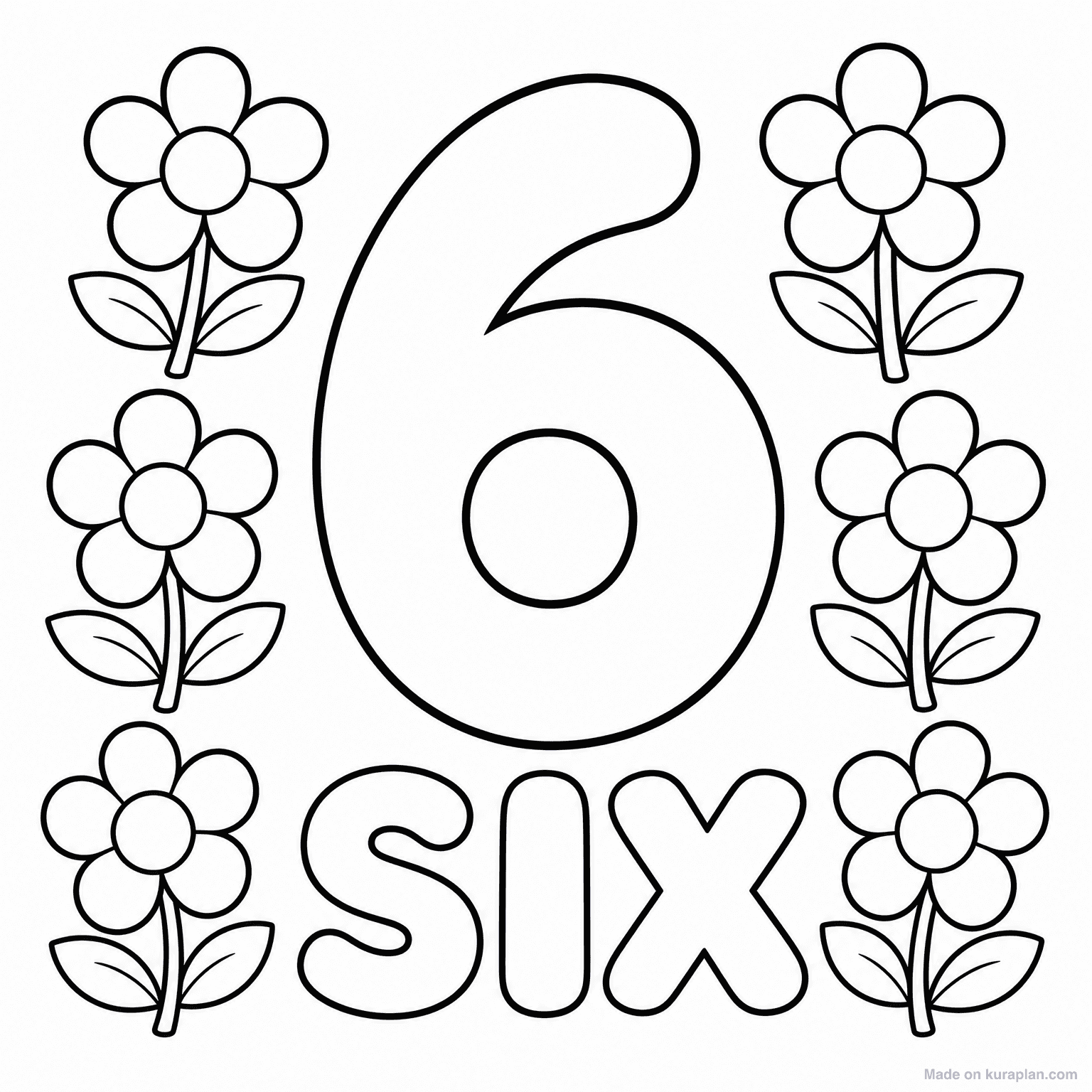 Number 6 - Six Flowers — Coloring Page