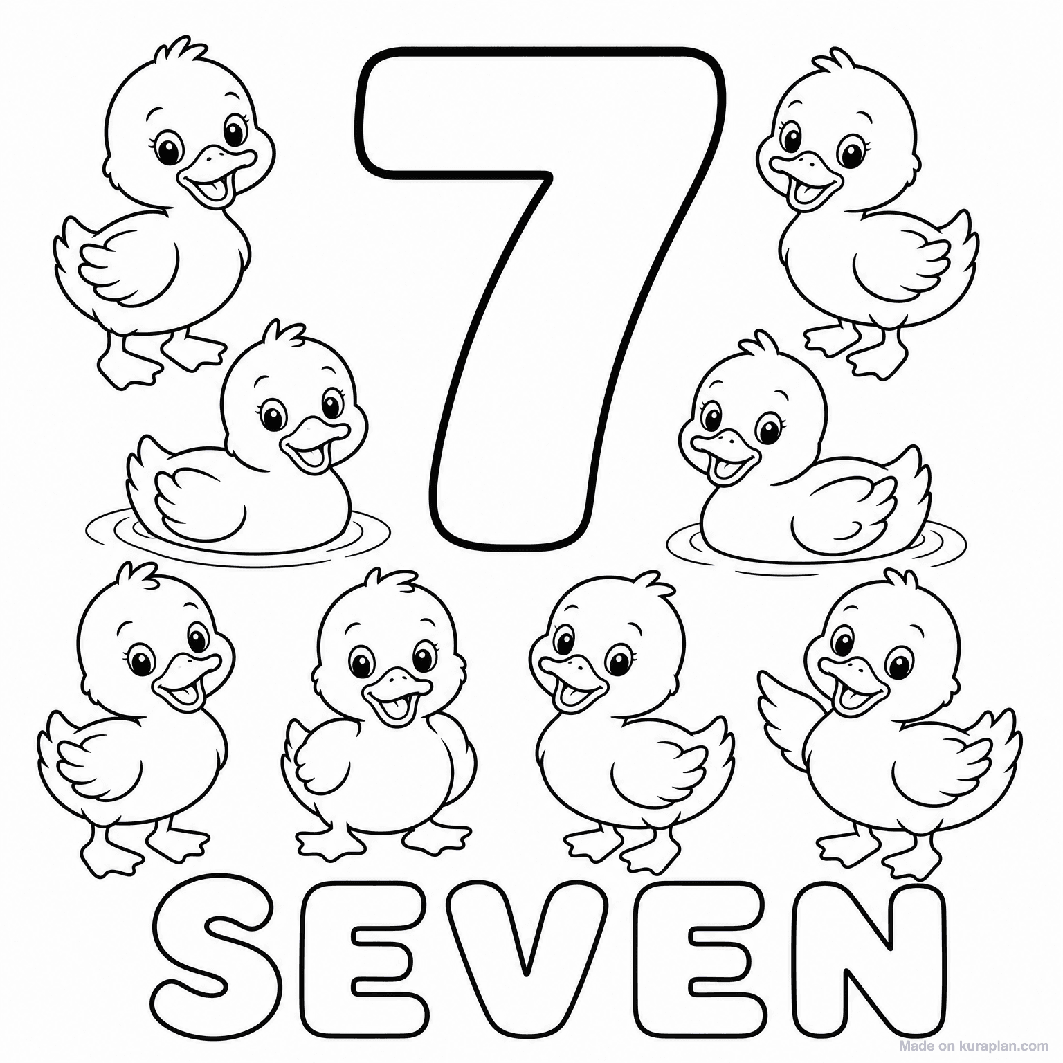 Number 7 - Seven Ducks — Coloring Page
