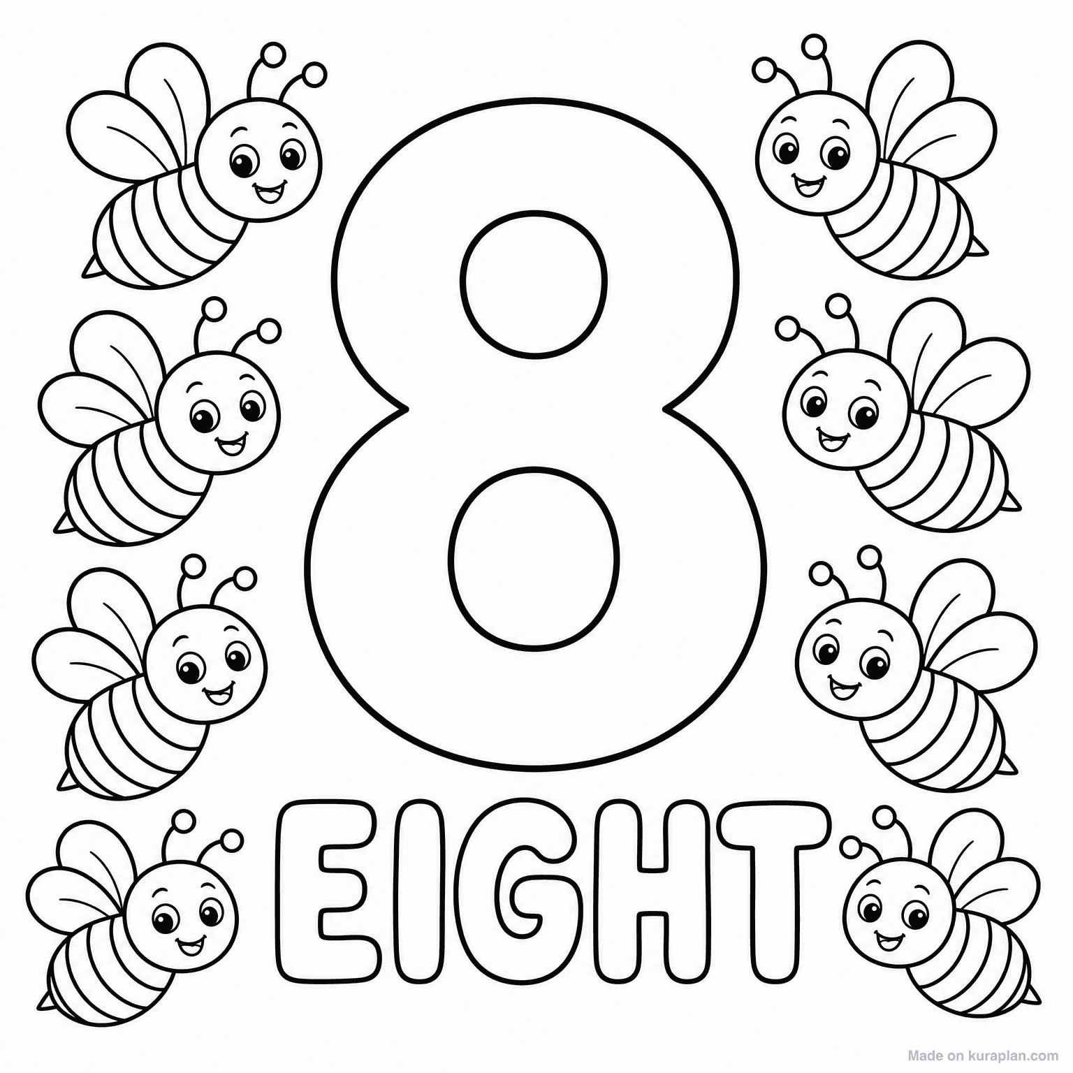 Number 8 - Eight Bees — Coloring Page