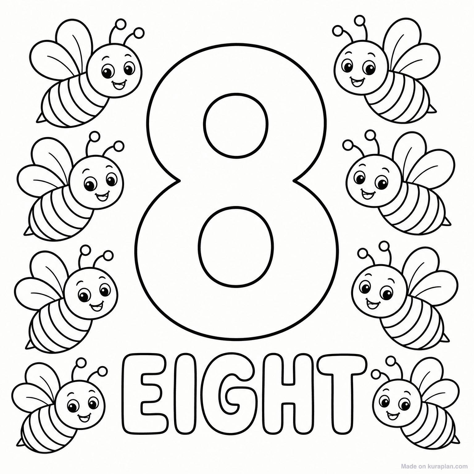 Number 8 - Eight Bees — Coloring Page