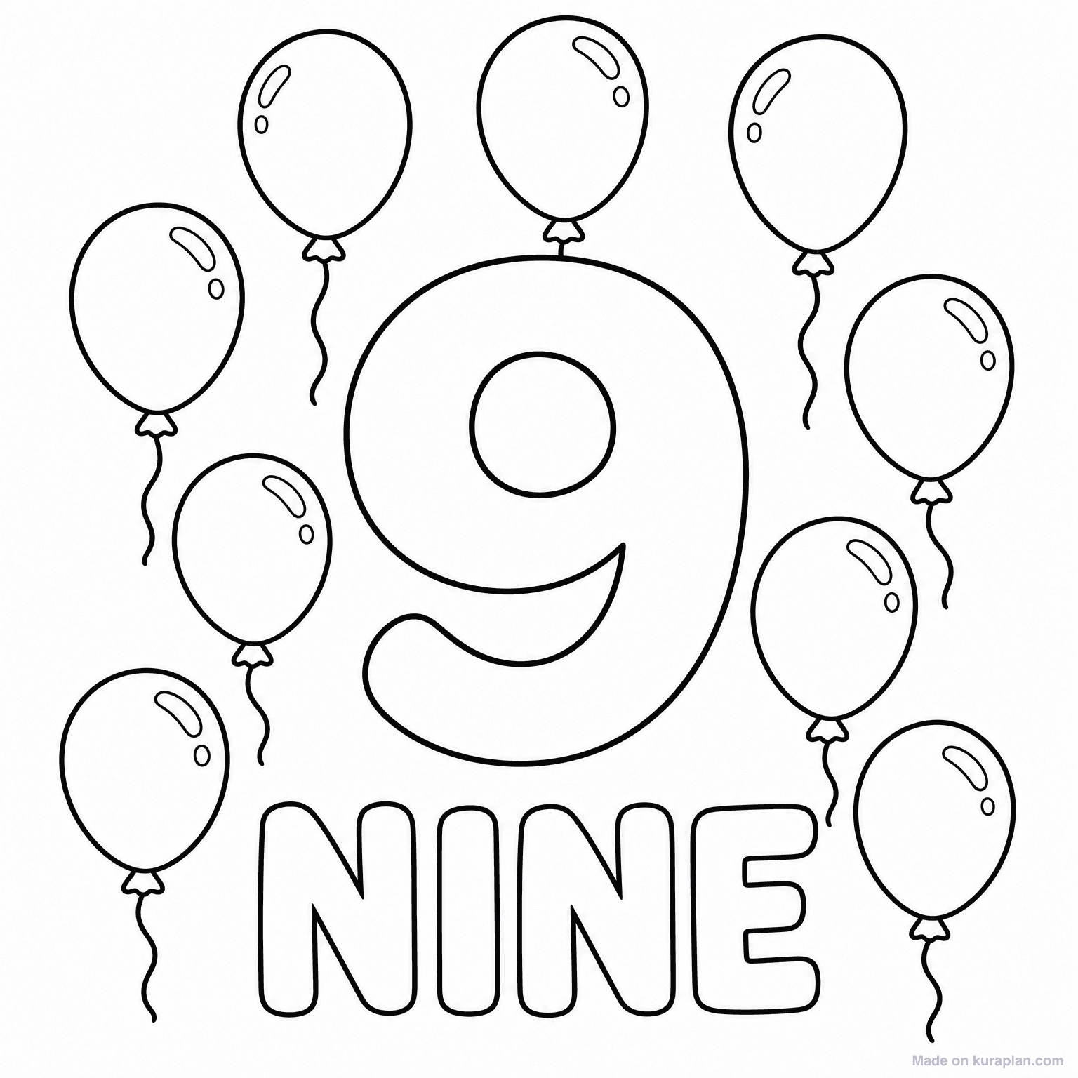 Number 9 - Nine Balloons — Coloring Page