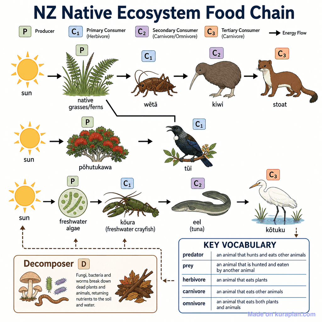 NZ Native Ecosystem Food Chain (detailed)