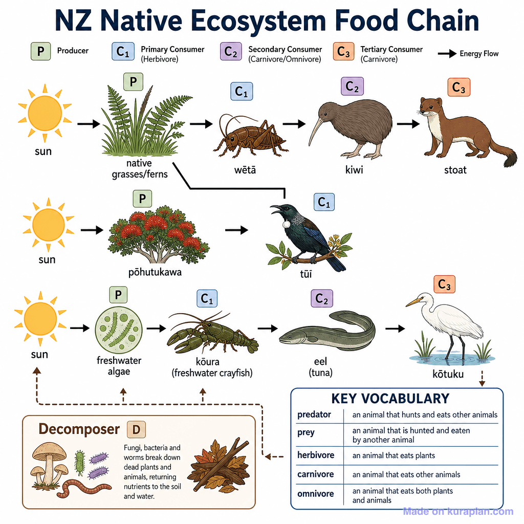 NZ Native Ecosystem Food Chain (detailed)