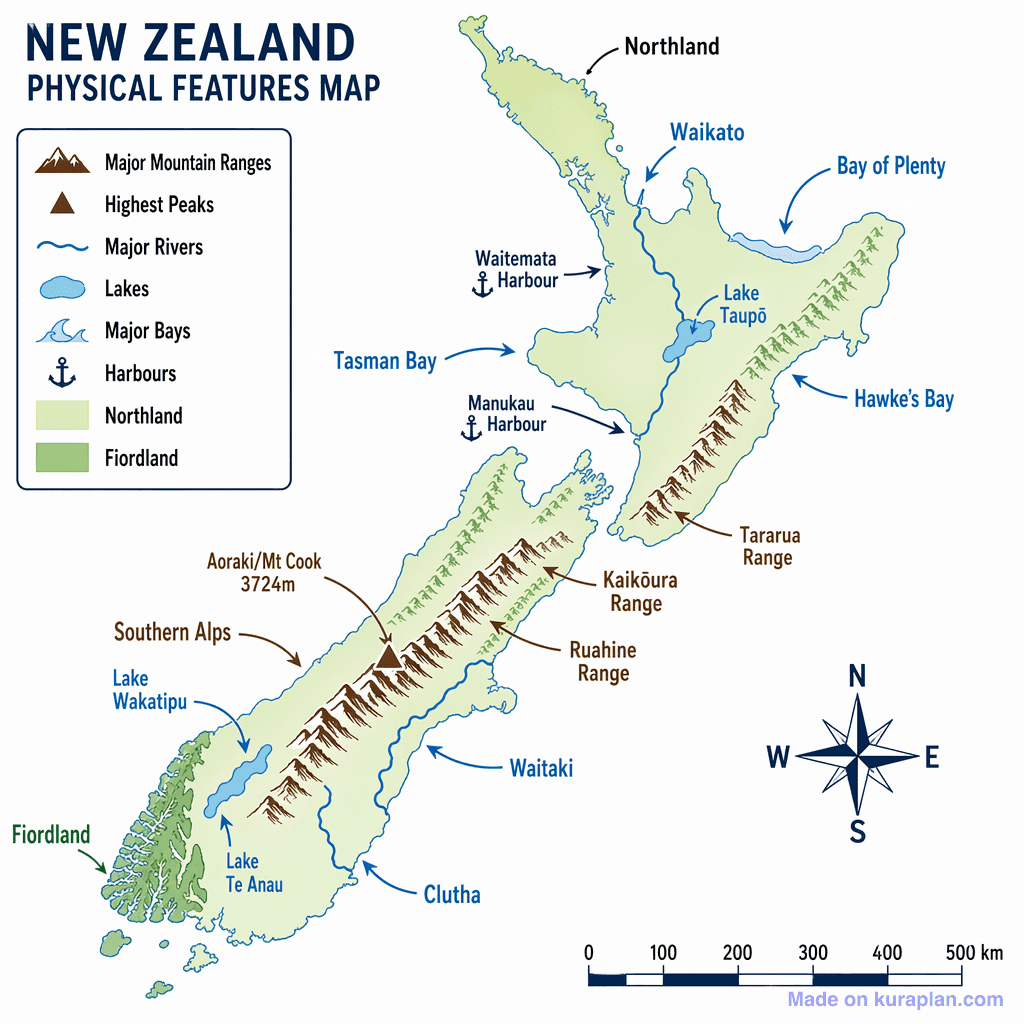 New Zealand Physical Features Map (detailed)