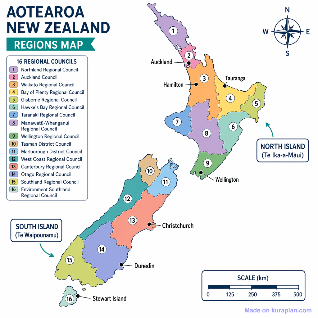 New Zealand Regions Map (detailed)