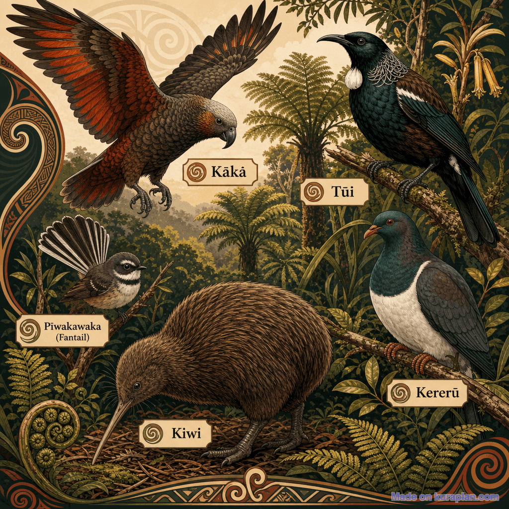 NZ native birds composite (kiwi, tūī, kākā, pīwakawaka, kererū)