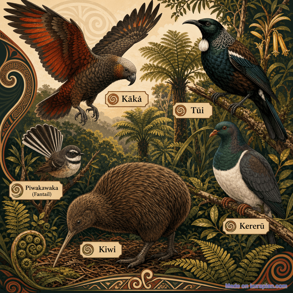 NZ native birds composite (kiwi, tūī, kākā, pīwakawaka, kererū)