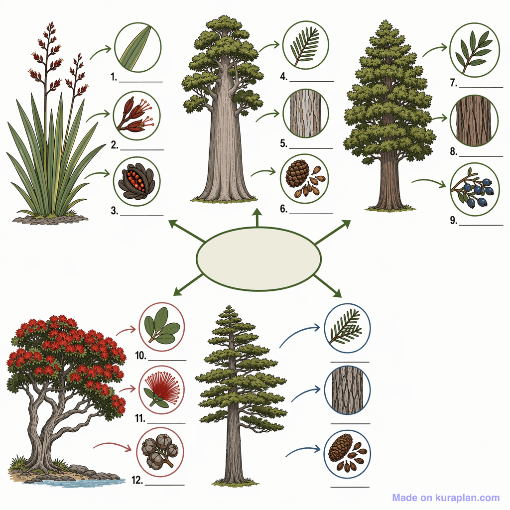 New Zealand Native Trees (detailed, unlabeled)