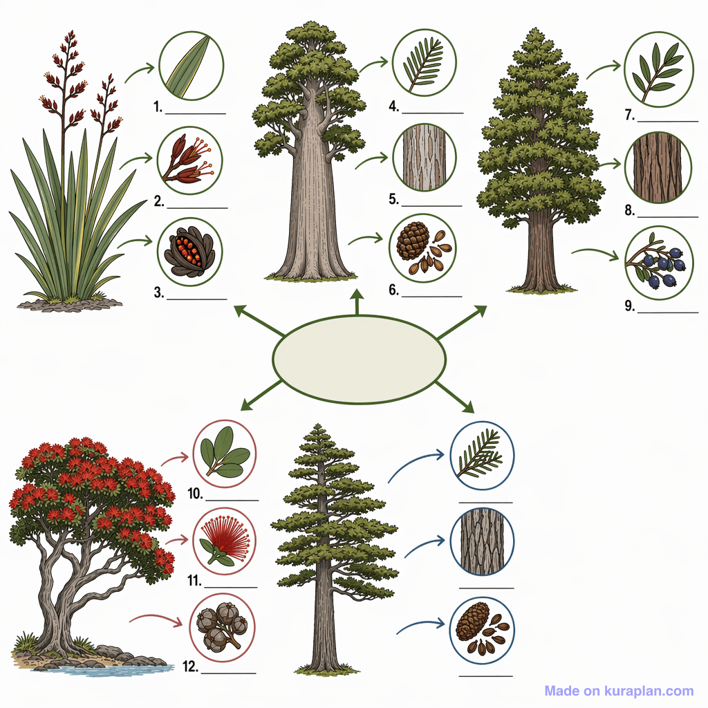 New Zealand Native Trees (detailed, unlabeled)