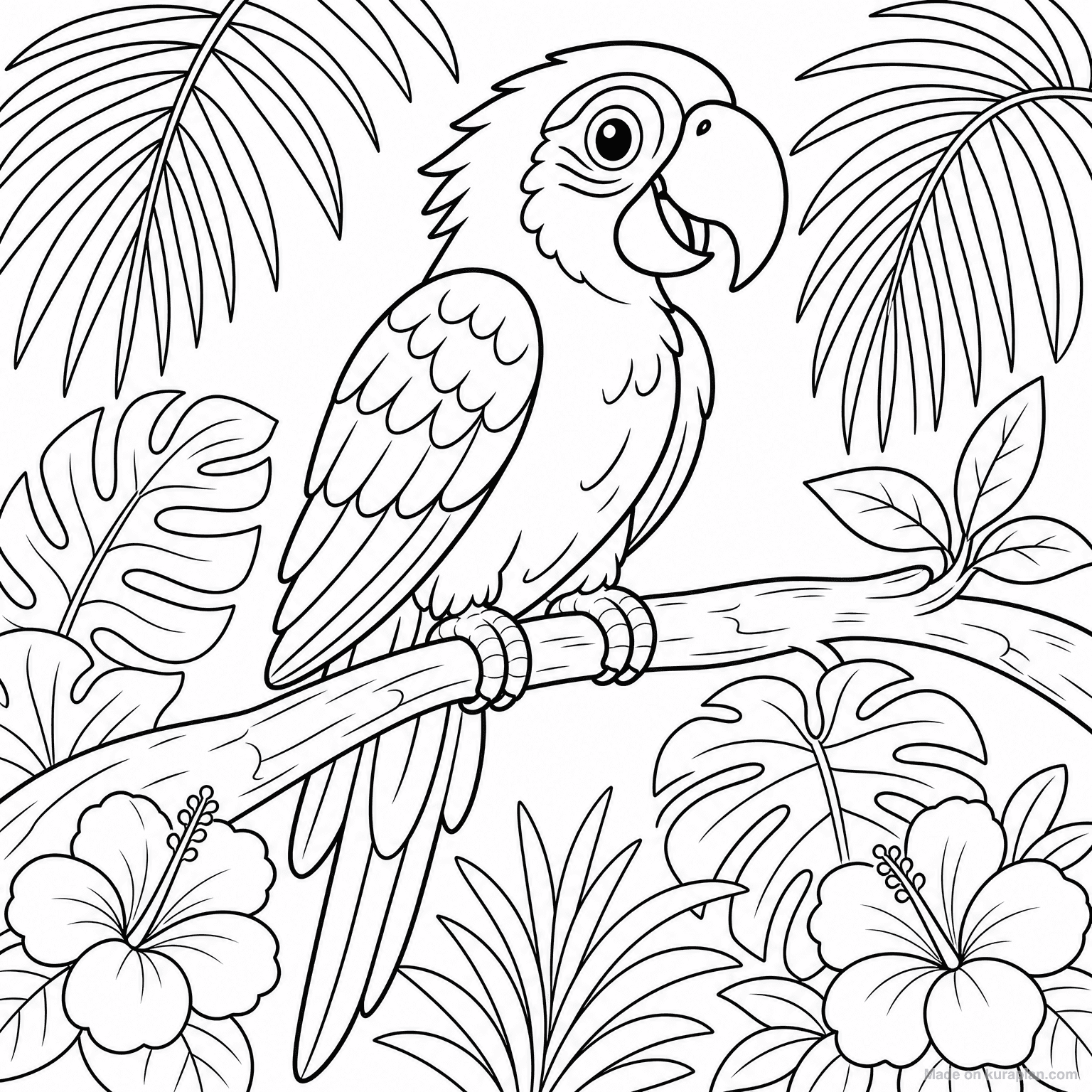Tropical Parrot on Branch — Coloring Page