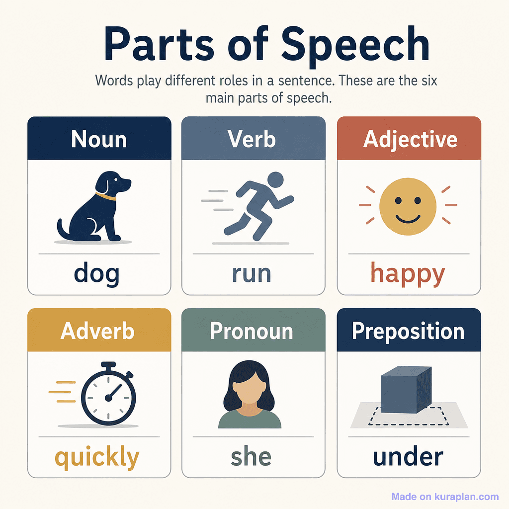 Parts of speech chart (six tiles)