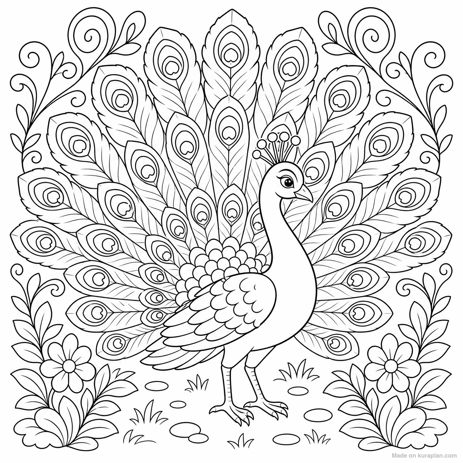 Peacock with Tail Display — Coloring Page