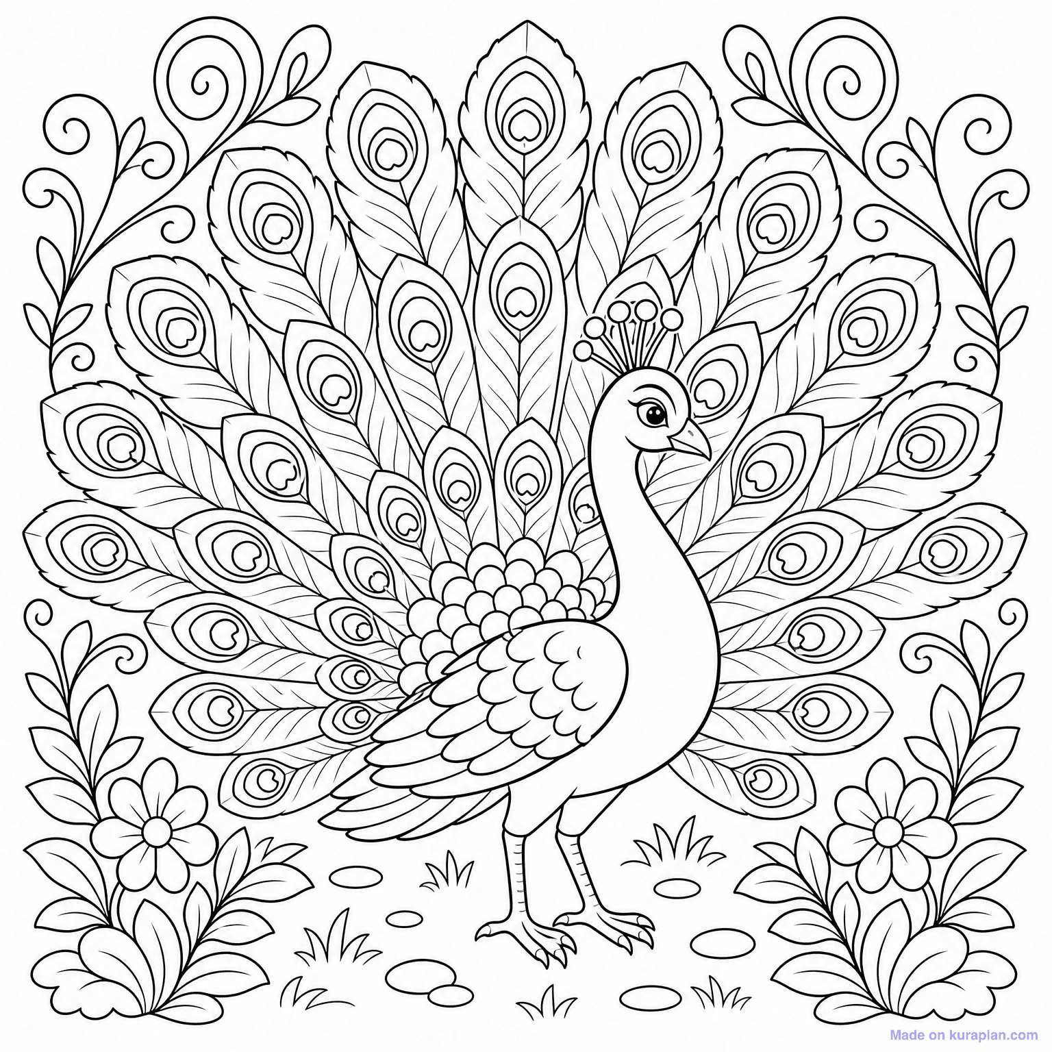 Peacock with Tail Display — Coloring Page