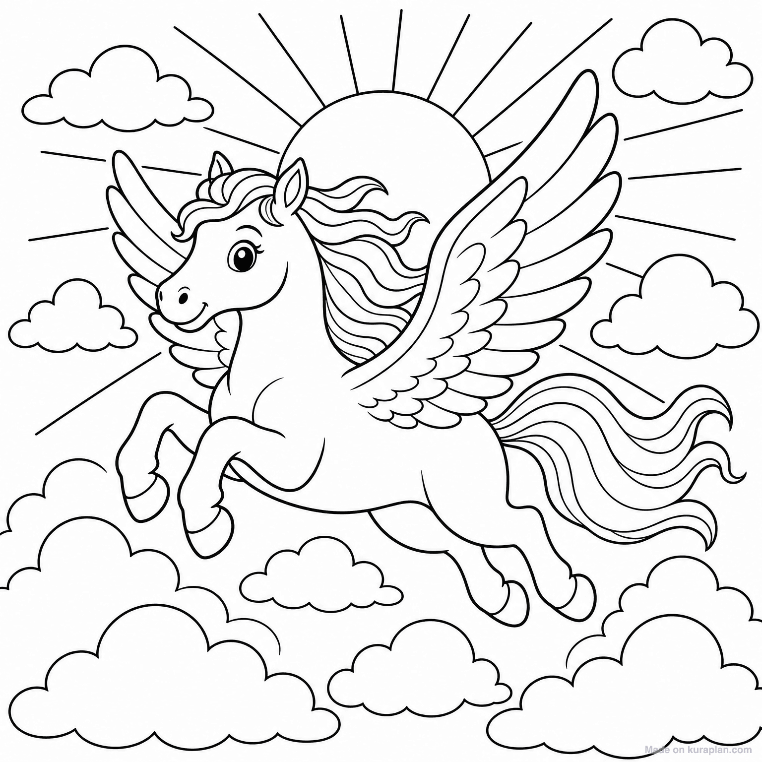 Pegasus Flying Through Clouds — Coloring Page