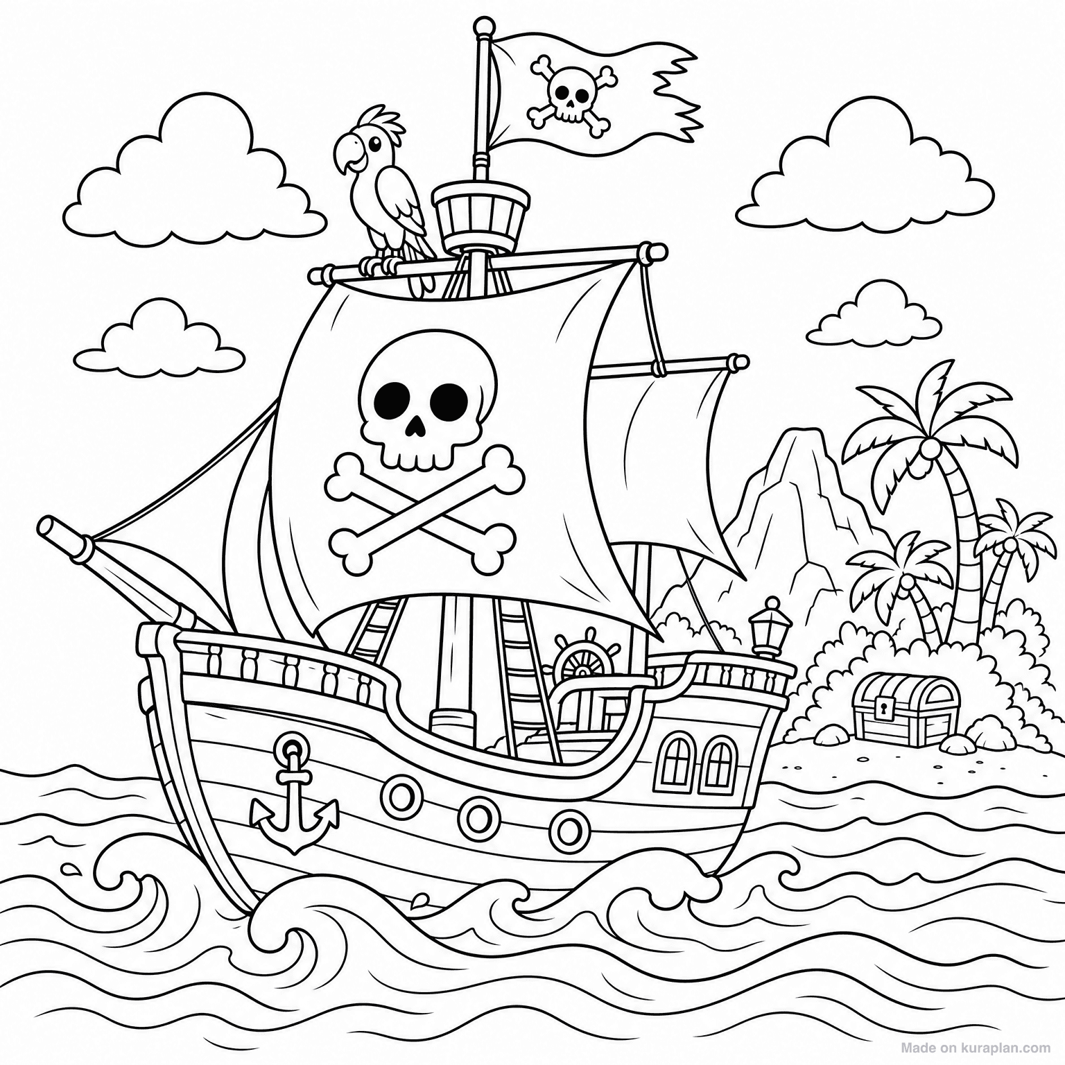 Pirate Ship on Sea — Coloring Page