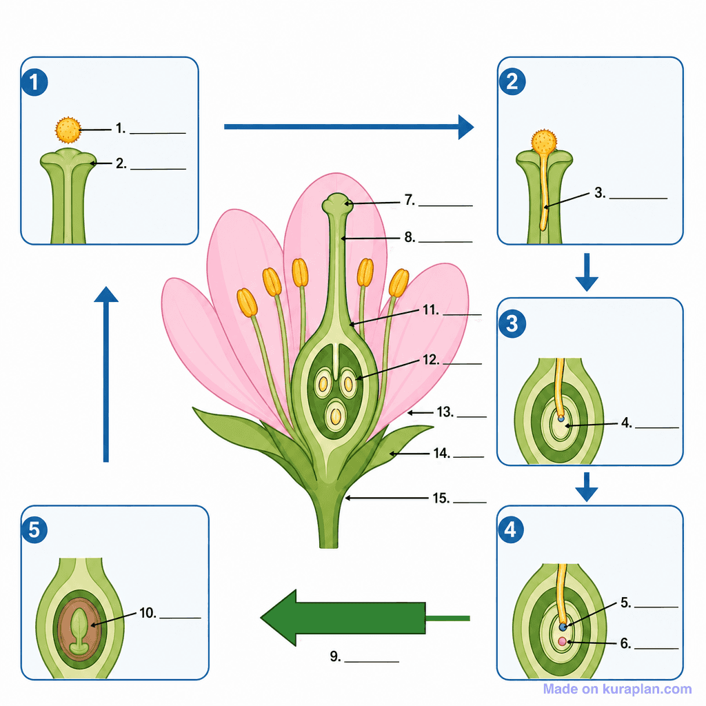 Plant Fertilisation: Step-by-Step Sequence (detailed, unlabeled)
