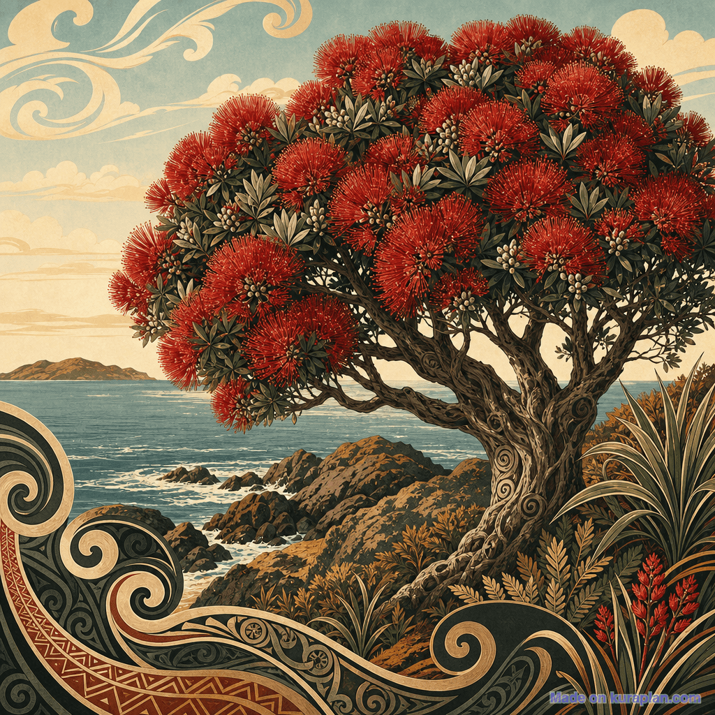 Pōhutukawa in red bloom by coast