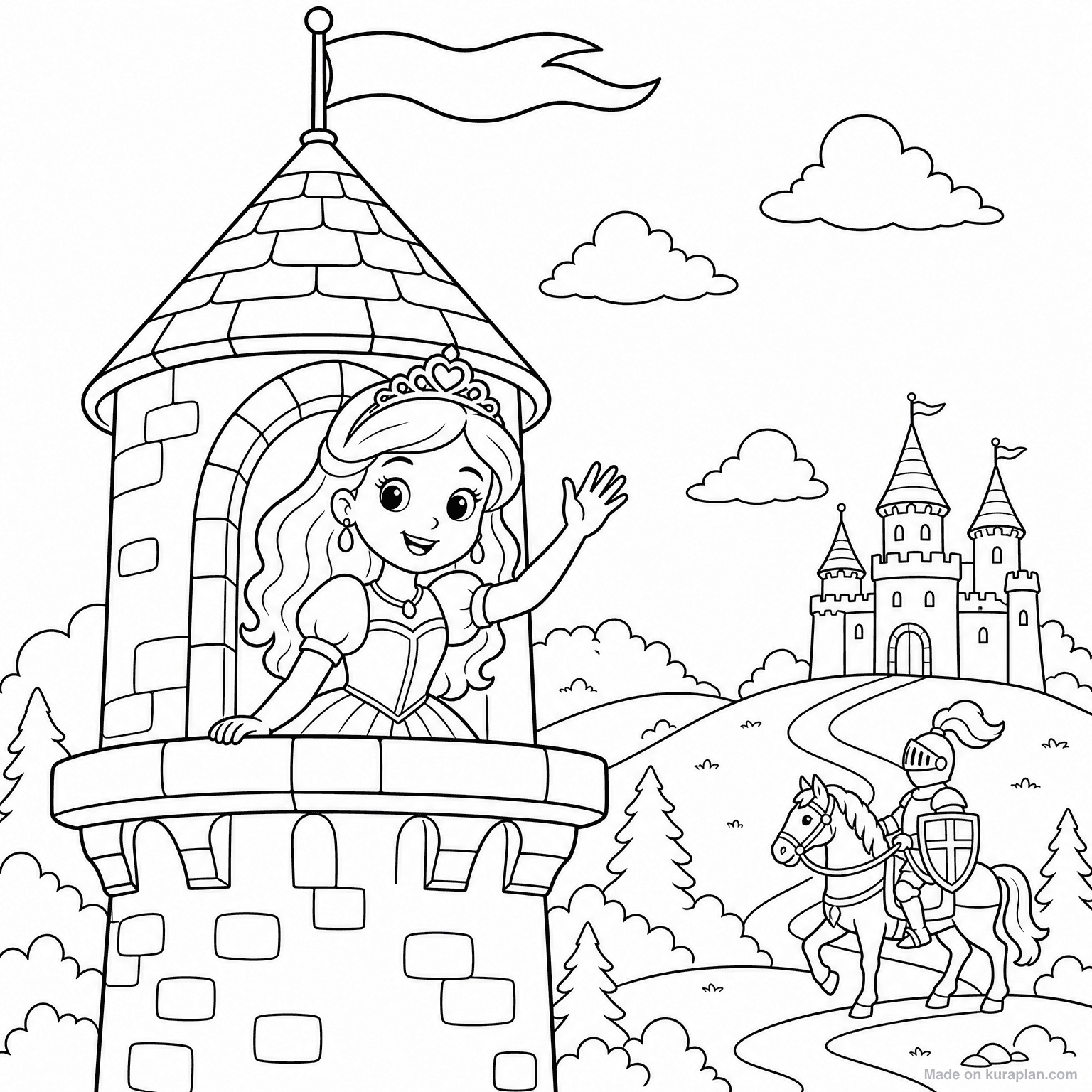 Princess at Castle Tower — Coloring Page