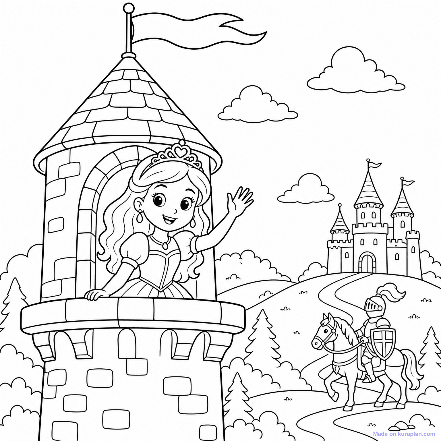 Princess at Castle Tower — Coloring Page