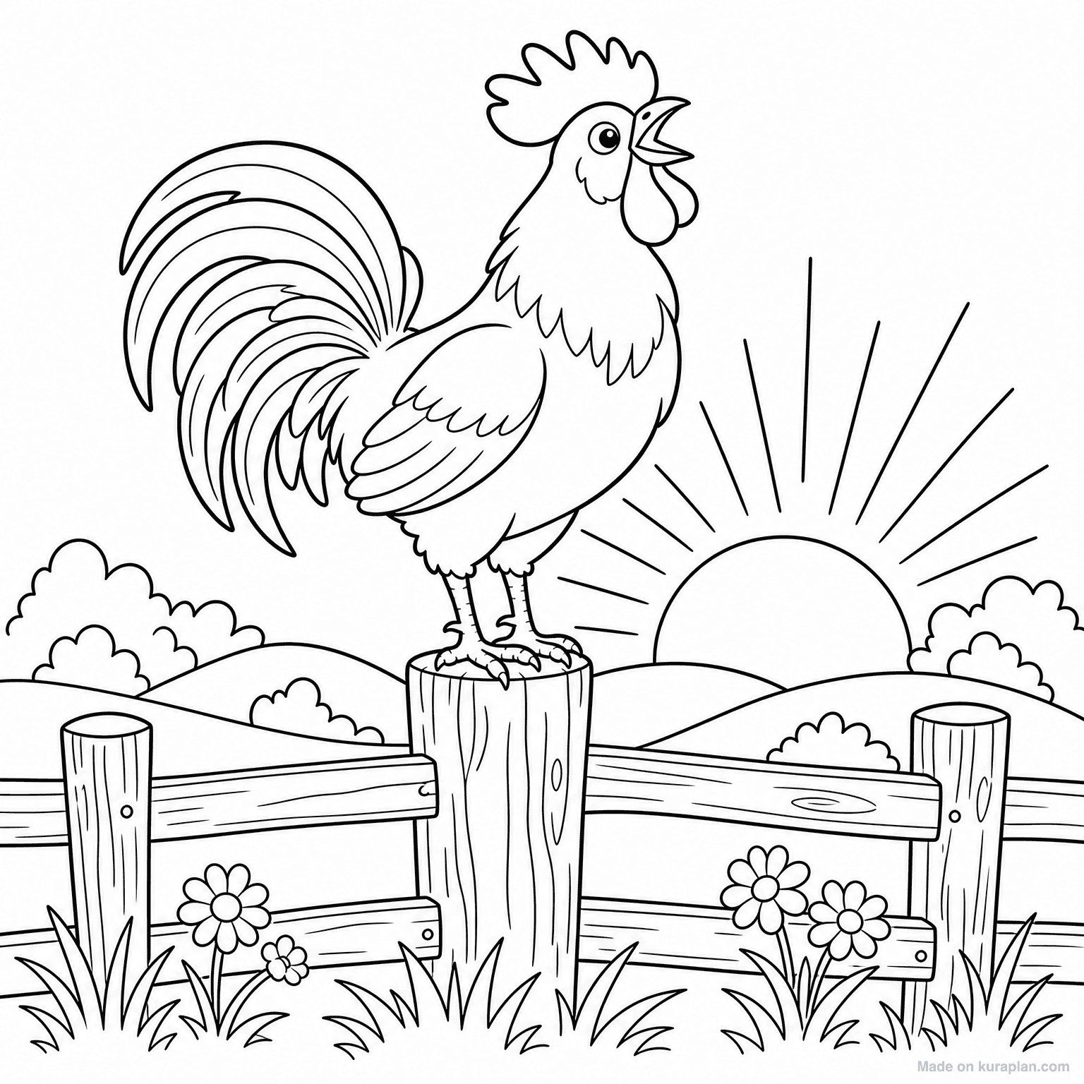 Rooster Crowing at Dawn — Coloring Page
