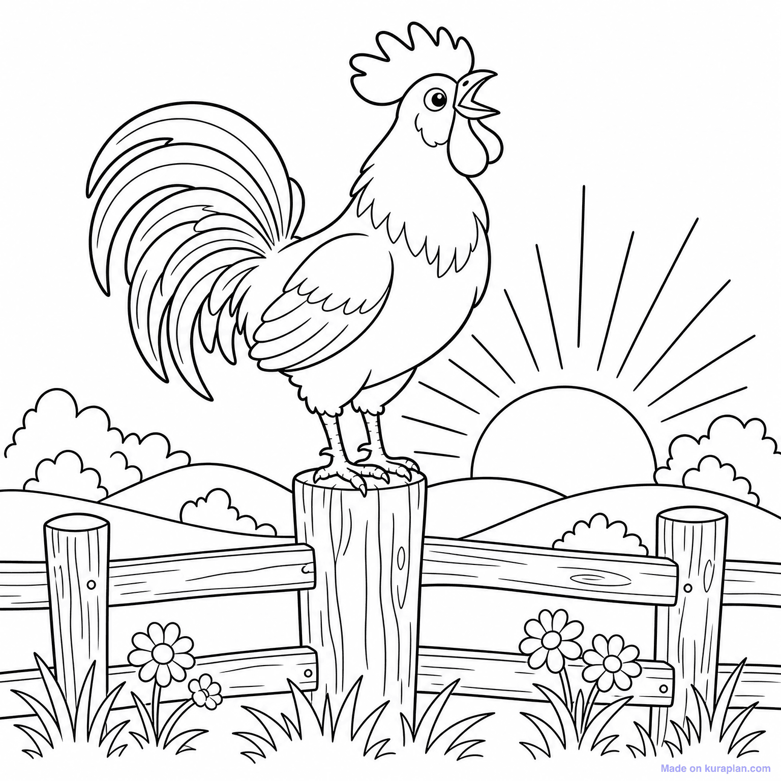 Rooster Crowing at Dawn — Coloring Page