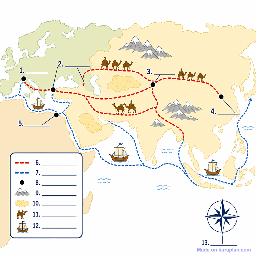 The Silk Road Trade Routes (simple, unlabeled)