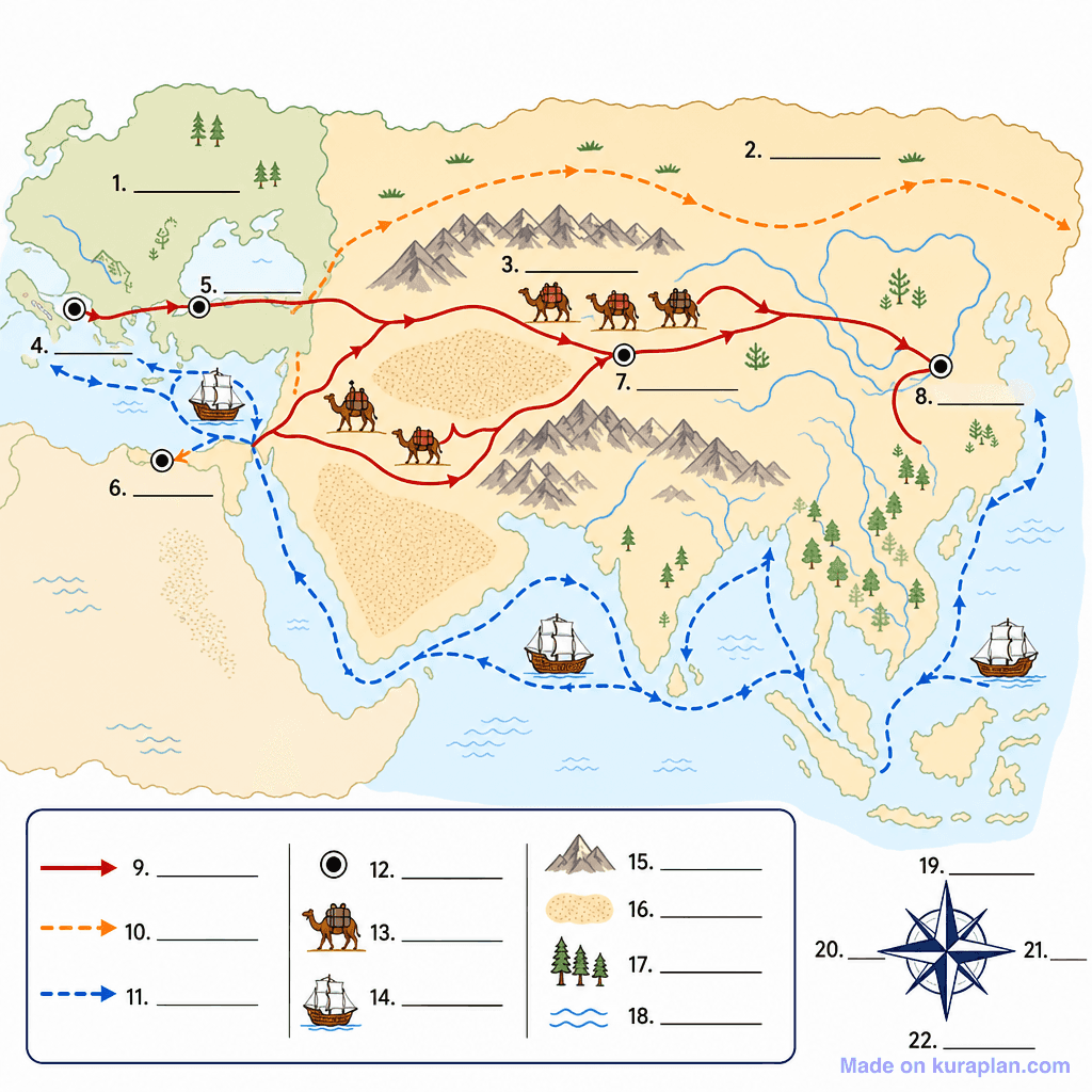 The Silk Road Trade Routes (detailed, unlabeled)