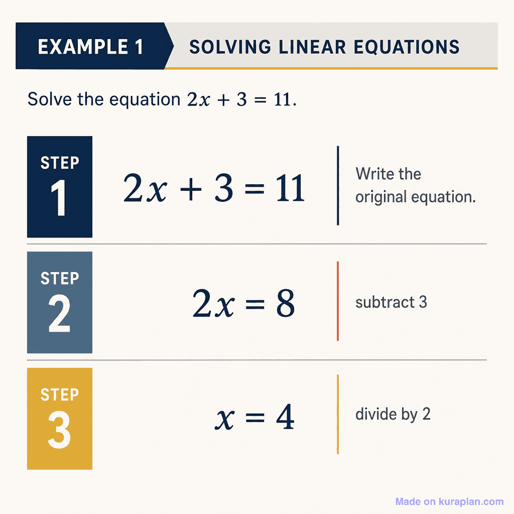Solving 2x + 3 = 11 step by step