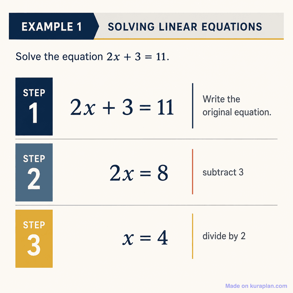 Solving 2x + 3 = 11 step by step
