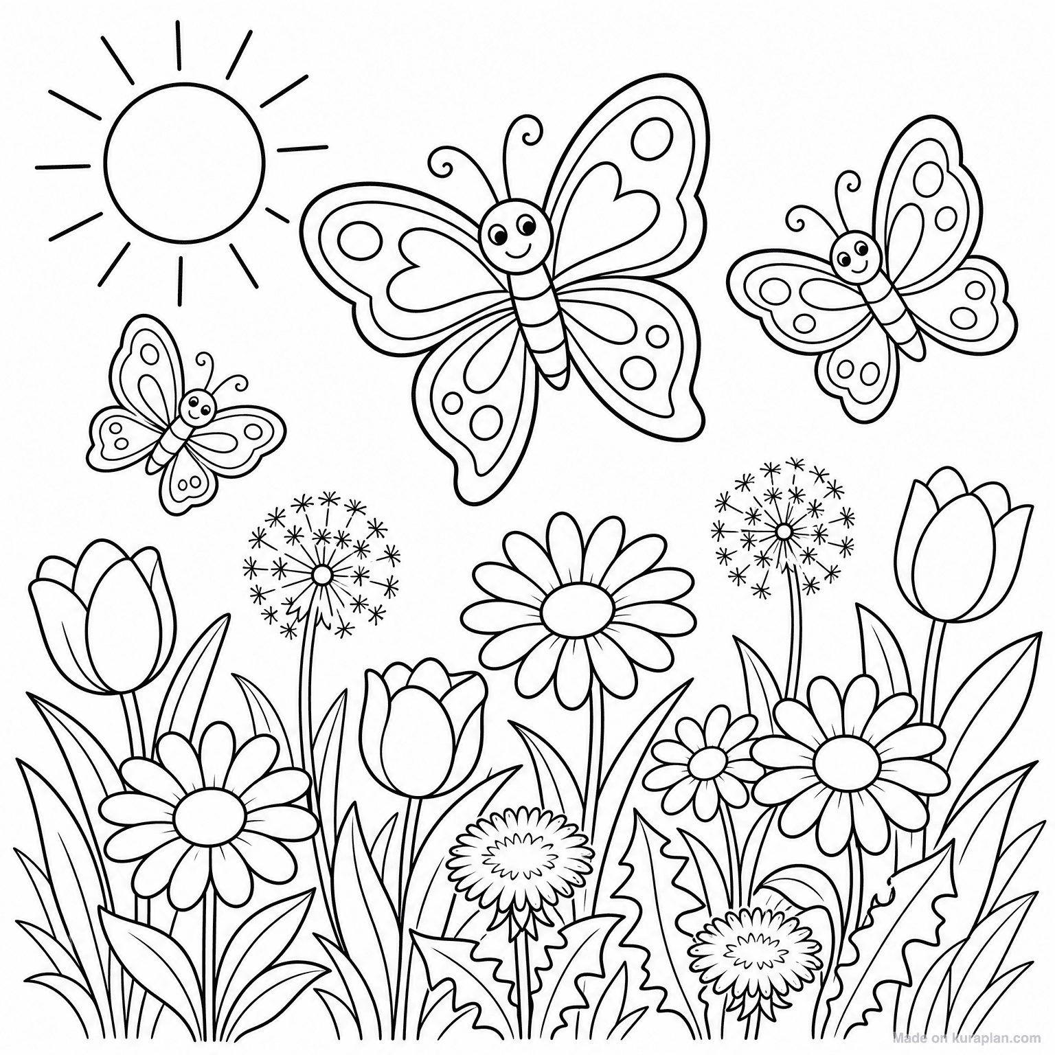 Butterflies and Spring Flowers — Coloring Page