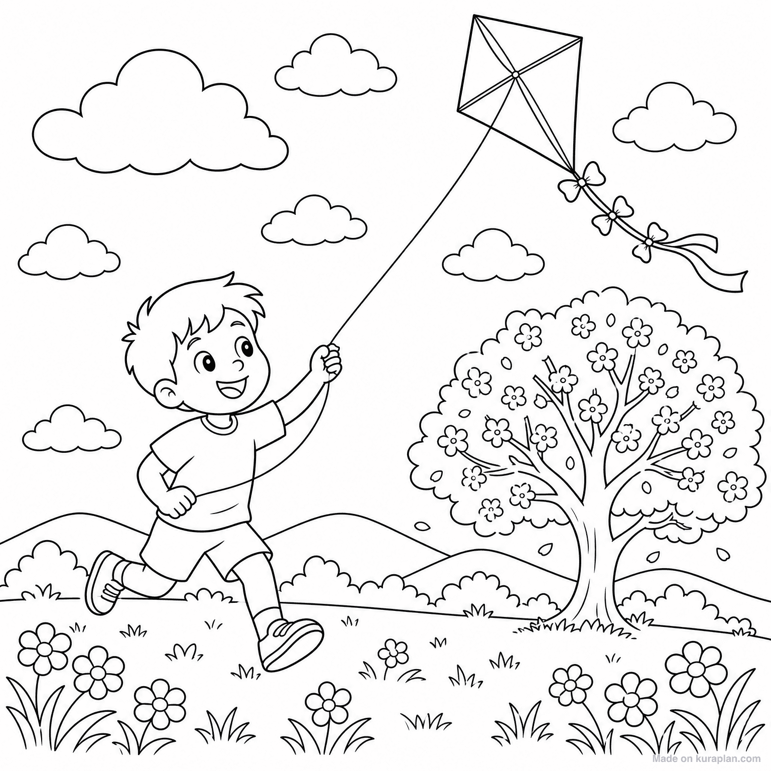 Kite Flying on Spring Day — Coloring Page