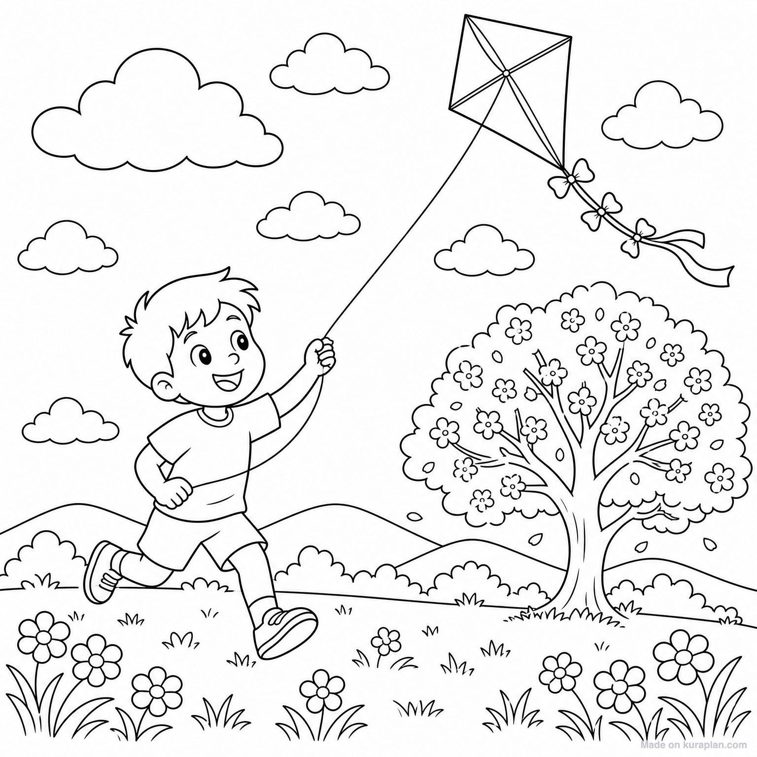 Kite Flying on Spring Day — Coloring Page