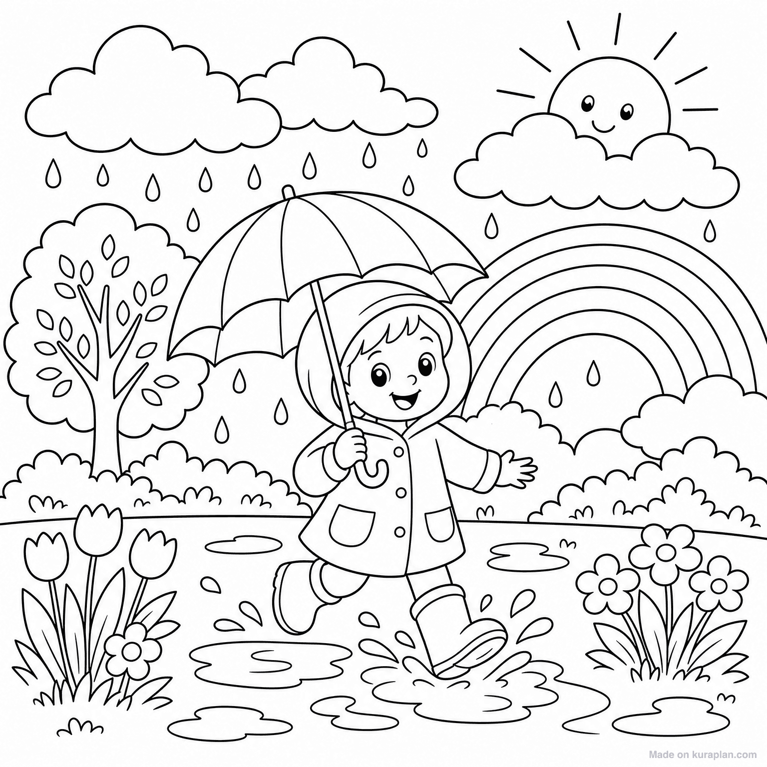 Spring Rainy Day Scene — Coloring Page