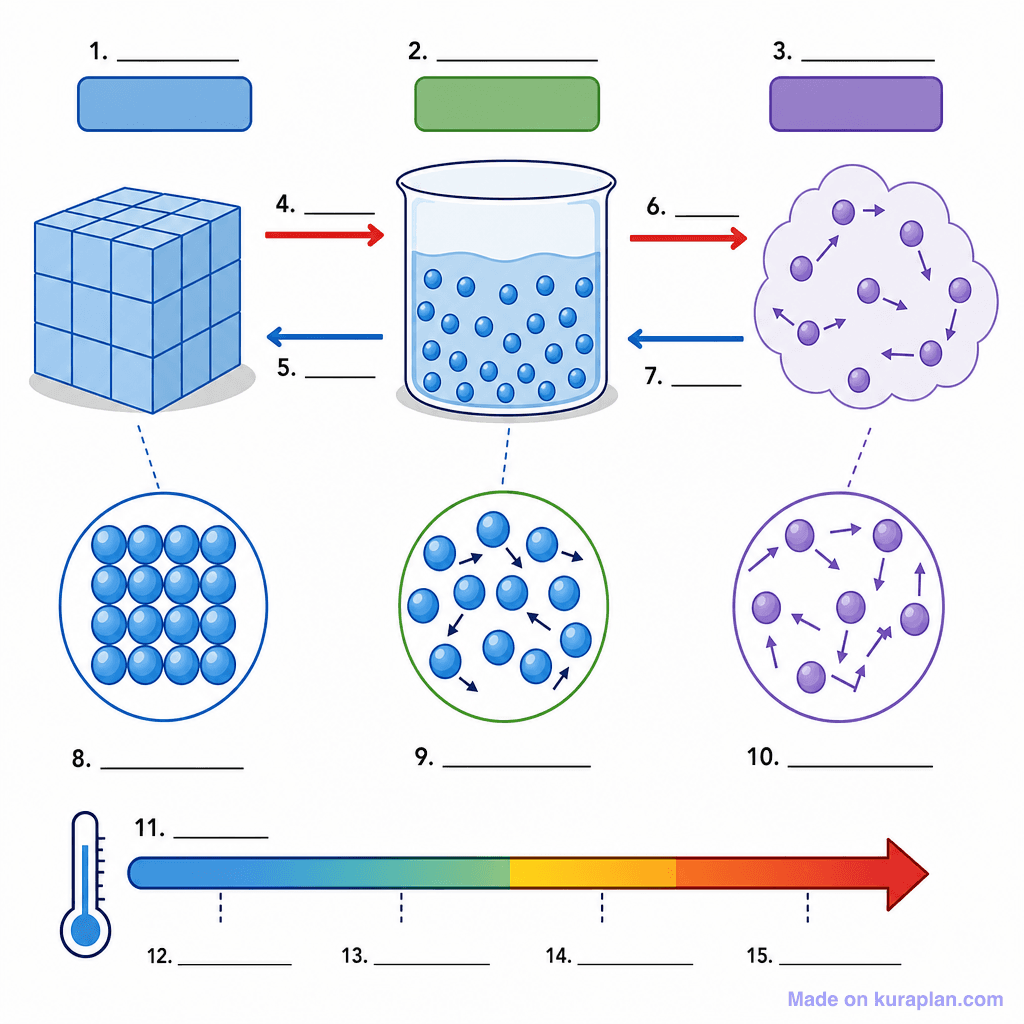 States of Matter: Solids, Liquids and Gases (detailed, unlabeled)