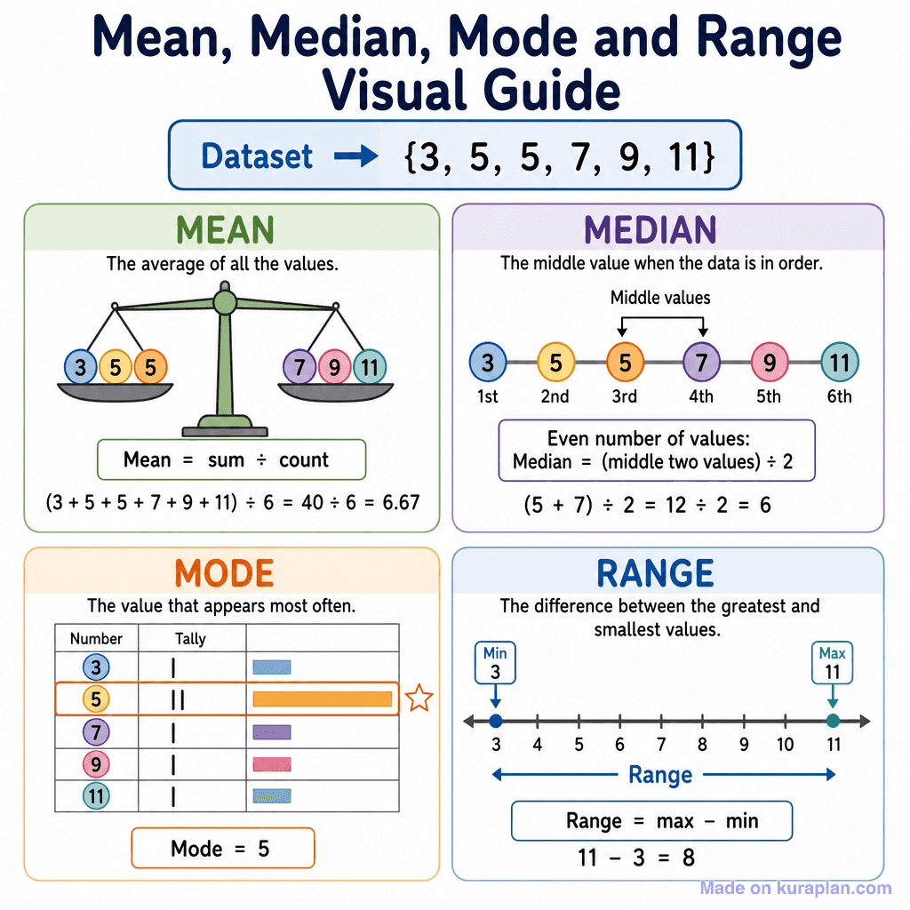 Mean, Median, Mode and Range Visual Guide (simple)
