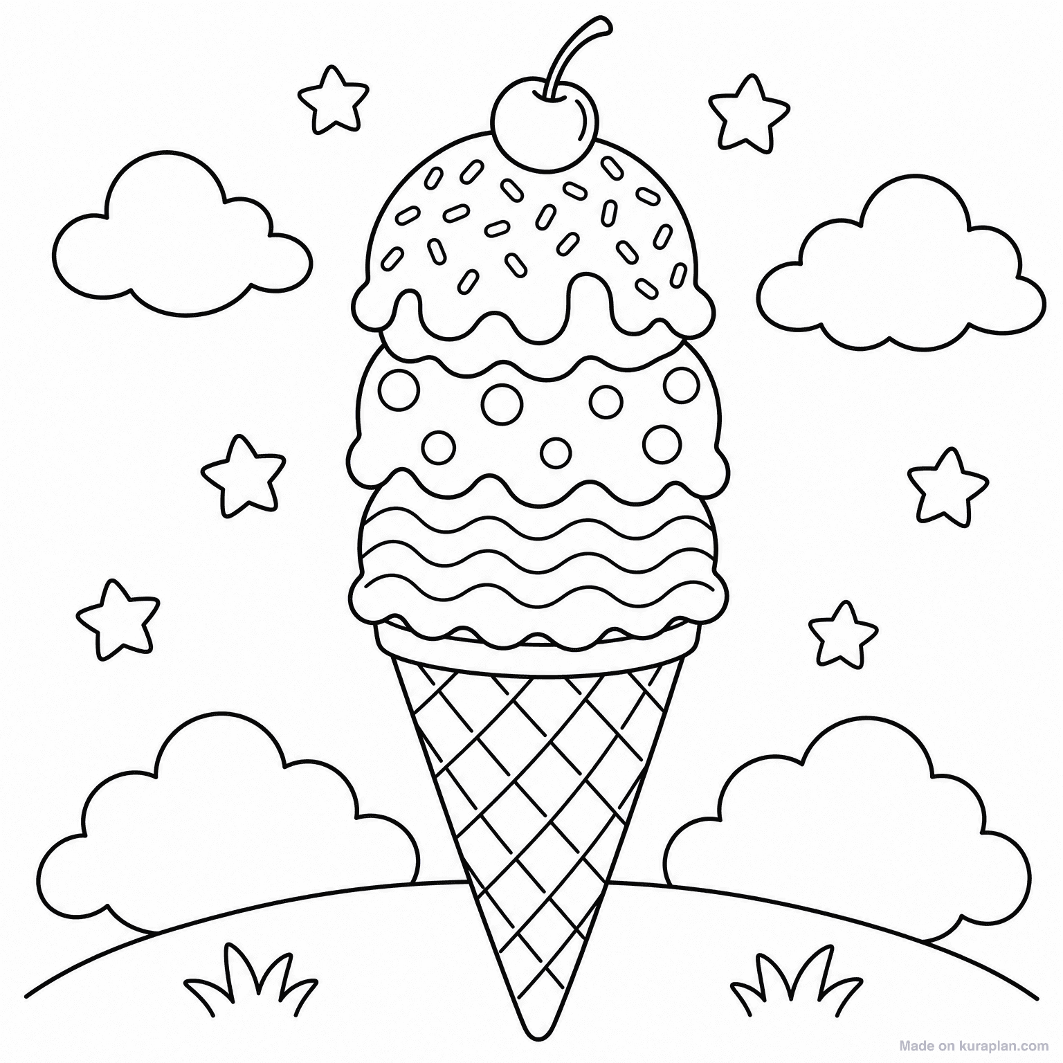 Triple Scoop Ice Cream Cone — Coloring Page