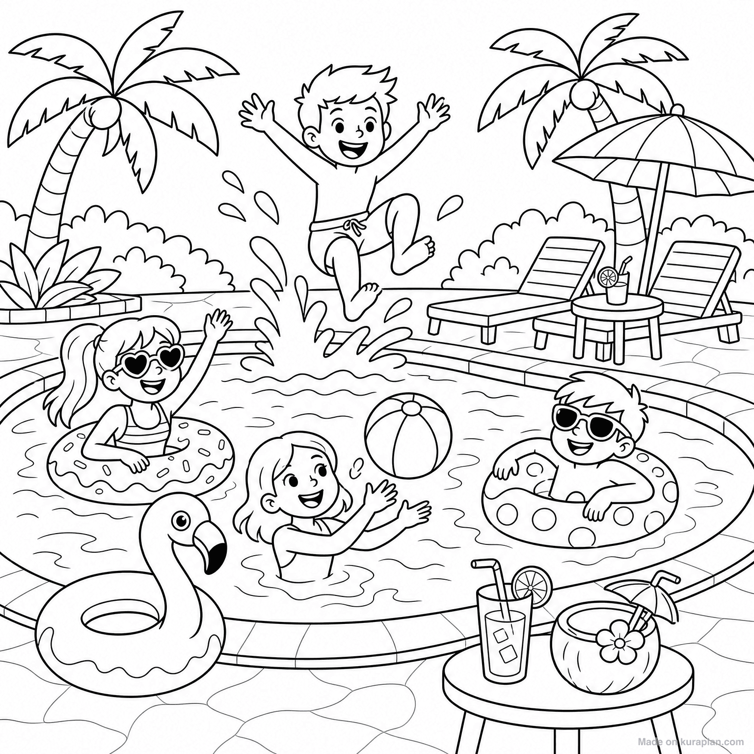 Pool Party Scene — Coloring Page