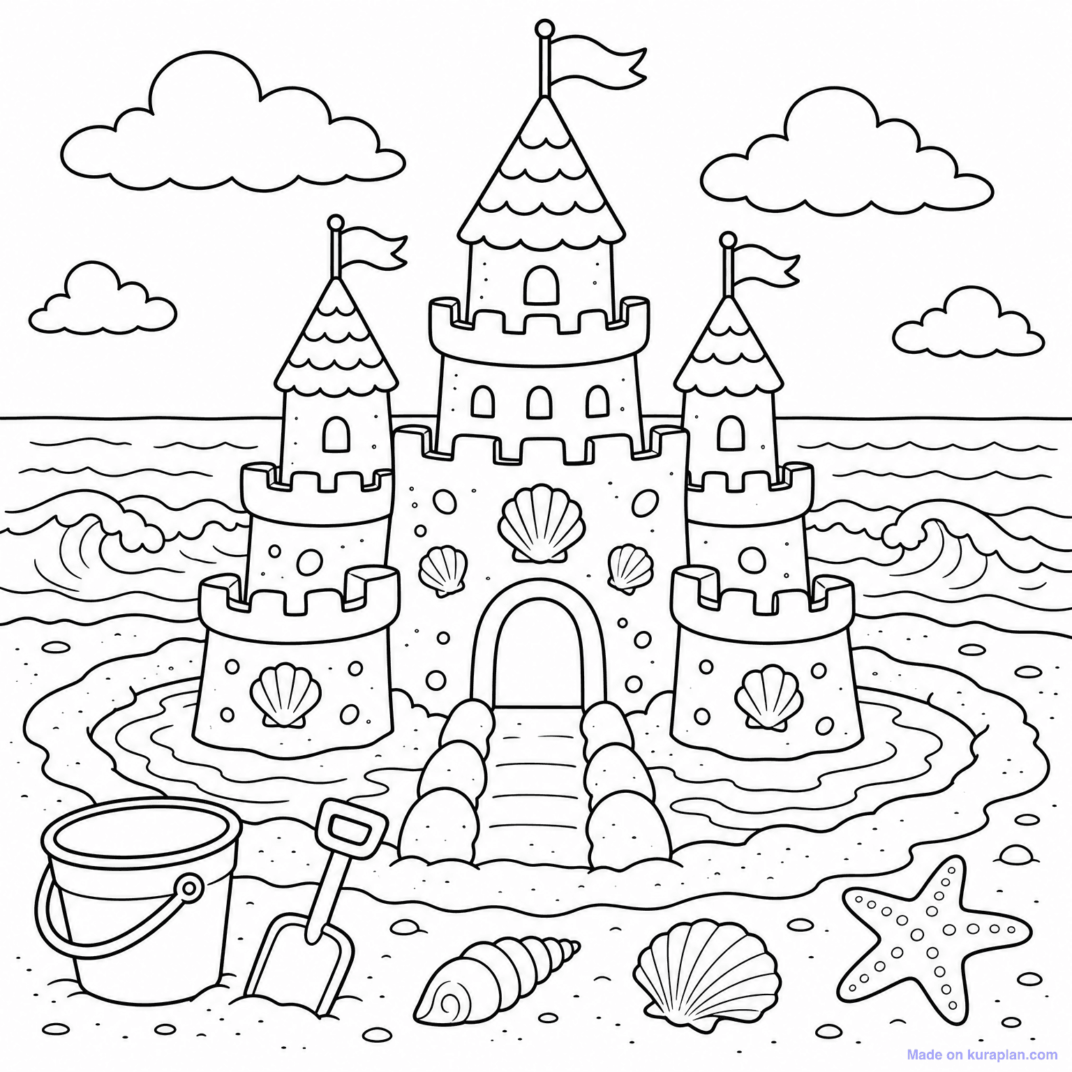 Sandcastle on Beach — Coloring Page