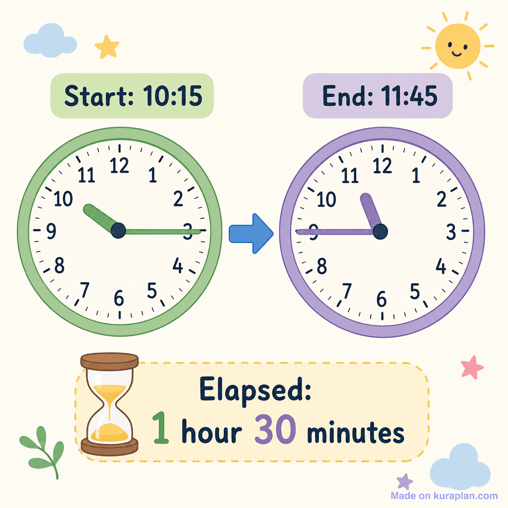 Time elapsed: two clocks 10:15 → 11:45