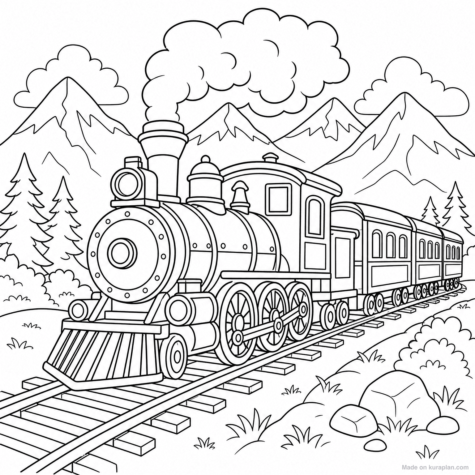 Steam Train on Tracks — Coloring Page