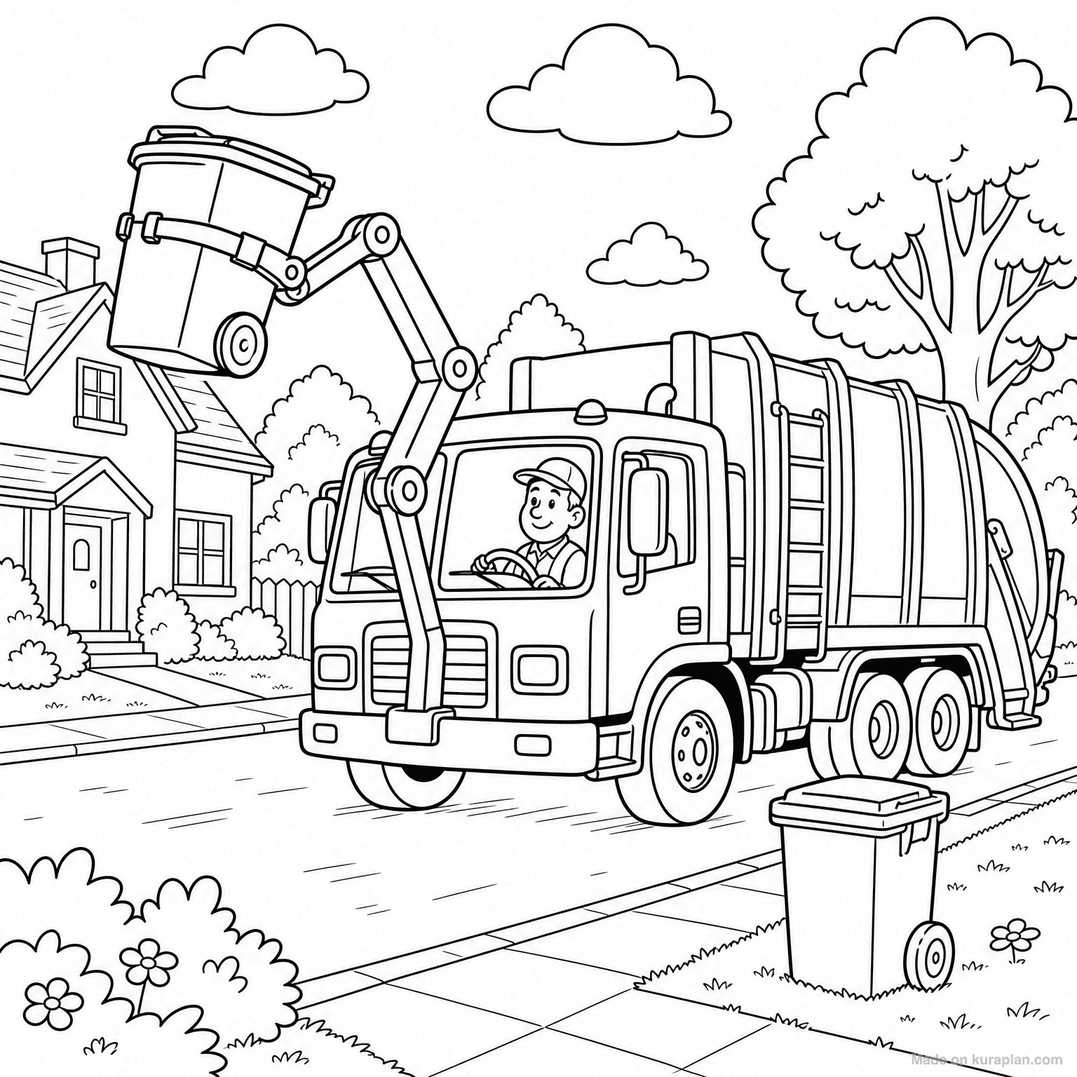 Garbage Truck Collecting — Coloring Page