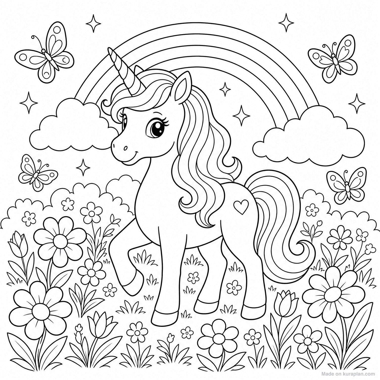 Unicorn in Magical Meadow — Coloring Page